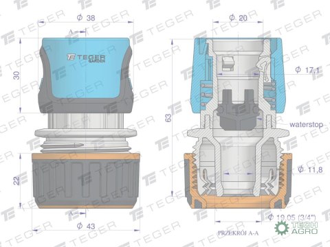 Szybkozłączka 3/4" - z waterstop / TEGER Szybkozłączka 3/4" - z waterstop / TEGER