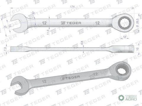 Klucz płasko-oczkowy z grzechotką 12 mm / TEGER Klucz płasko-oczkowy z grzechotką 12 mm / TEGER