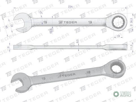 Klucz płasko-oczkowy z grzechotką 19 mm / TEGER Klucz płasko-oczkowy z grzechotką 19 mm / TEGER
